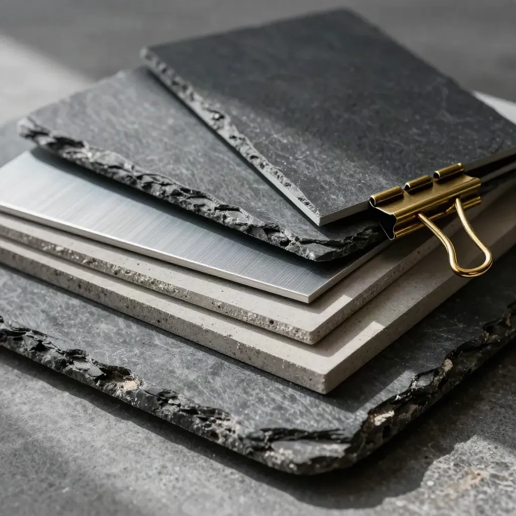 Architectural material swatches in slate, aluminium and concrete tied with brass on stone.