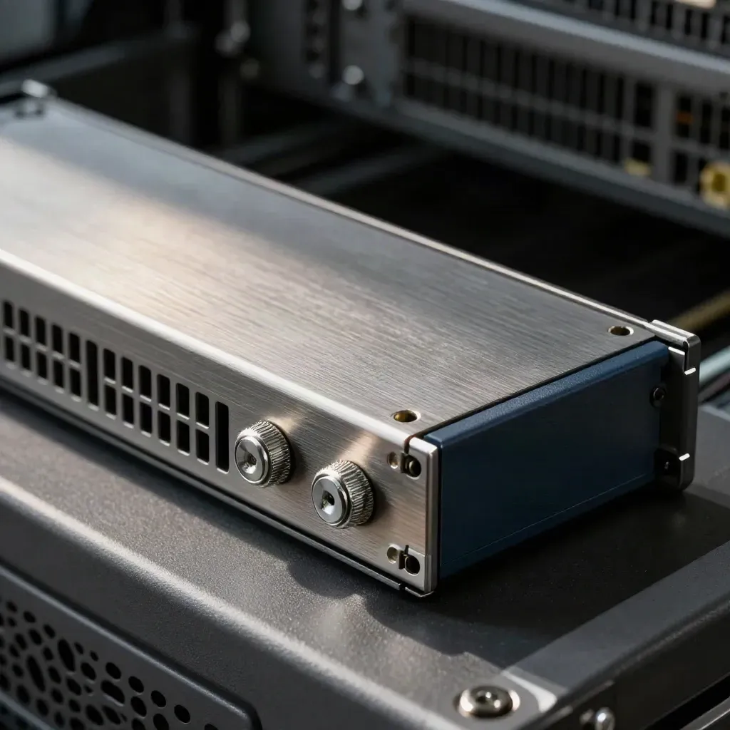 Rack server rail, power module and thumb screws in a dramatic macro close-up on graphite metal.