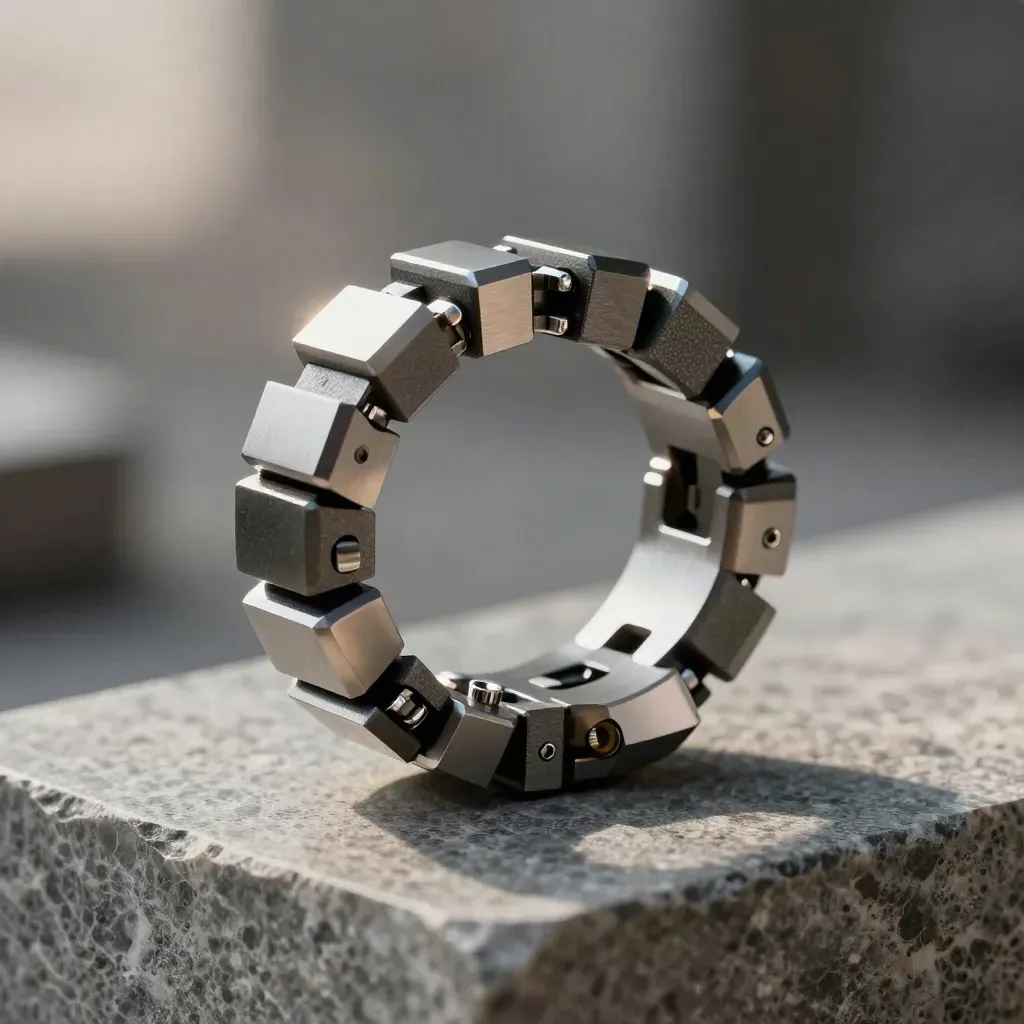 Macro of linked metal monitoring parts on brushed stone with misty slate light