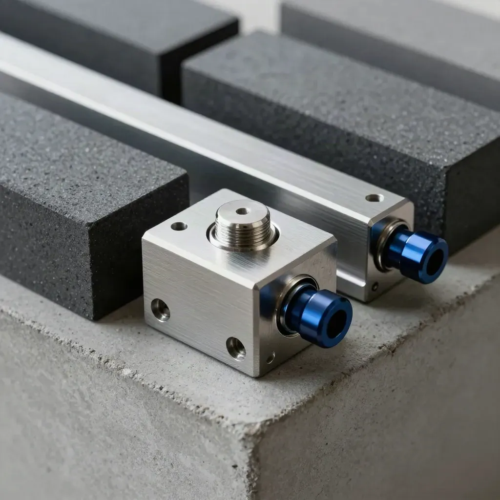 Modular graphite blocks, locking pins, and a rail connector on concrete grey.